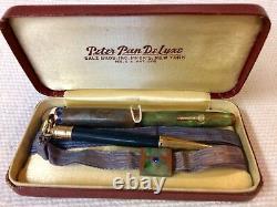 Antique Salz Bros. Peter Pan Deluxe Fountain Pen & Pencil Set On Ribbon