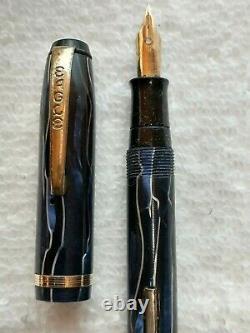 Eagle Vintage Fountain Pen Electric Blue Black Silver Veined 14k Flex M Nib