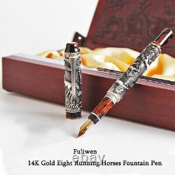 Fuliwen 806 14K Gold Nib Fountain Pen Eight Horse Medium Point Wood Gift Box