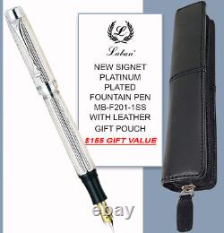 Laban Platinum Plated Lined Pattern Signet Fountain Pen Med Nib & Leather Pouch