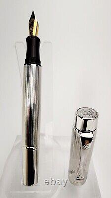 Laban Platinum Plated Lined Pattern Signet Fountain Pen Med Nib & Leather Pouch