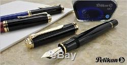 New Pelikan SOUVERAN M800 Black Fountain Pen 18K Gold Nib EF, F, M, B, BB Rhodium