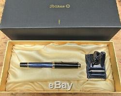 New SPECIAL Pelikan M600 Blue-Black Fountain Pen FINE 14K nib w Pelikan Pen Rest