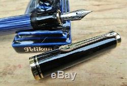 New SPECIAL Pelikan M600 Blue-Black Fountain Pen FINE 14K nib w Pelikan Pen Rest