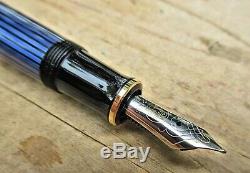 New SPECIAL Pelikan M600 Blue-Black Fountain Pen FINE 14K nib w Pelikan Pen Rest