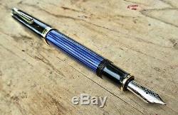 New SPECIAL Pelikan M600 Blue-Black Fountain Pen FINE 14K nib w Pelikan Pen Rest