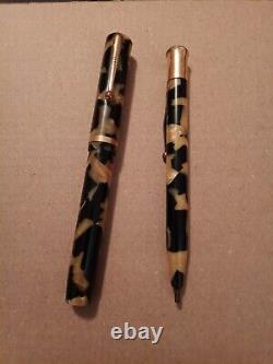 Oversized Sheaffer's Black And Tan Celluloid Vintage Fountain Pen With Pencil