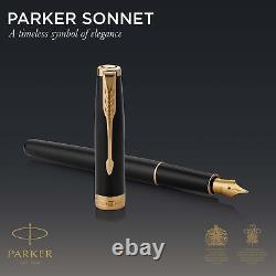 Parker Sonnet Fountain Pen Black Lacquer with Gold Trim Medium Nib Gift Box