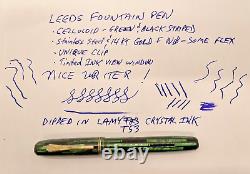 Rare Leeds Green Black Stripe Celluloid Fountain Pen 2 Tone 14 Kt F Nib Restored