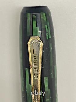 Rare Leeds Green Black Stripe Celluloid Fountain Pen 2 Tone 14 Kt F Nib Restored