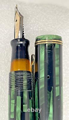 Rare Leeds Green Black Stripe Celluloid Fountain Pen 2 Tone 14 Kt F Nib Restored