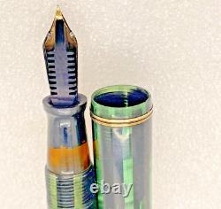 Rare Leeds Green Black Stripe Celluloid Fountain Pen 2 Tone 14 Kt F Nib Restored