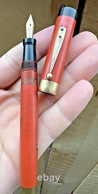 Rare Morrison Orange Flat Top 18k Gold Band Oversize Lever 14k Nib Fountain Pen