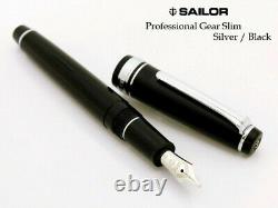 Sailor Professional Gear Slim Silver Fountain Pen Black Fine Nib 11-1222-220