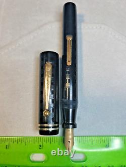 VTG Oversize Eclipse Black Chased Flat Top Fountain Pen 14k nib, MUST SEE PICs