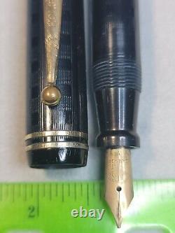 VTG Oversize Eclipse Black Chased Flat Top Fountain Pen 14k nib, MUST SEE PICs