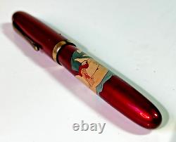 Vintage 14K Trim Red Fountain Pen Special Iridium Nib Risque Figures Tokyo Japan