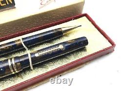 Vintage ECLIPSE Fountain Pen Pencil set Turquoise Celluloid 14K Flex F nib Minty