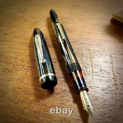 Vintage Fountain Pen, Sheaffer Black Brown Stripe, 14k Gold Nib, Fine, Working