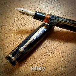 Vintage Fountain Pen, Sheaffer Black Brown Stripe, 14k Gold Nib, Fine, Working