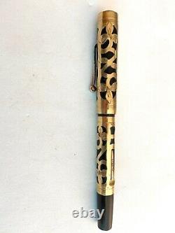 Vintage Salz Bros. Gold Filigree Overlay Black Rubber Fountain Pen