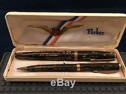 Vtg PARKER Blue Diamond Fountain Pen/ Pencil Set Duofold Black, tan, gray stripe