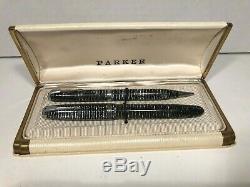 Vtg. Parker Vacumatic Silver & Black Blue Diamond Fountain Pen Pencil Set & Case