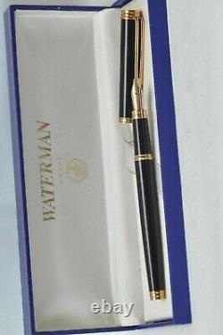 Waterman Gentleman Fountain Pen Black Lacquer & Gold 18K Gold Broad Pt In Box