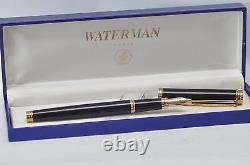 Waterman Gentleman Fountain Pen Black Lacquer & Gold 18K Gold Broad Pt In Box