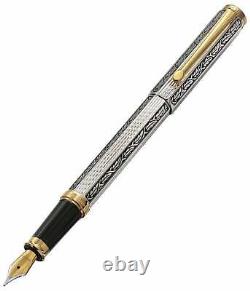 Xezo Hand-etched, Diamond cut Legionnaire 18K Gold Platinum Pl Fine Fountain Pen