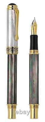 Xezo Handcrafted Maestro Medium Fountain Pen, Black & White Mother of Pearl. LE