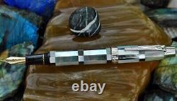 Xezo Maestro Black/White MOP 18K Gold Fine Nib Fountain Pen, Platinum Plated. LE