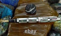 Xezo Maestro Black/White MOP 18K Gold Fine Nib Fountain Pen, Platinum Plated. LE