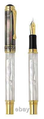 Xezo Maestro Fine Fountain Pen, Black & White Oceanic Mother of Pearl. Gold Plt