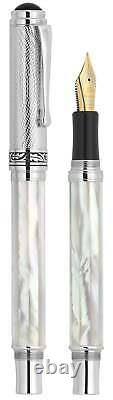 Xezo Maestro Oceanic White MOP Med-Fine Fountain Pen, Chrome Plated. Handmade LE