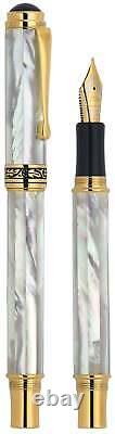 Xezo Maestro White MOP Med-Fine Fountain Pen, 18K Gold Plated. Handmade, LE