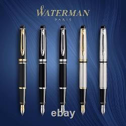 Stylo-plume Waterman Expert, noir mat avec finitions chromées, pointe fine avec encre bleue.