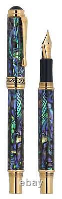 Stylo-plume Xezo Maestro Abalone à pointe moyenne-fine, plaqué or 18 carats. Fait main, édition limitée